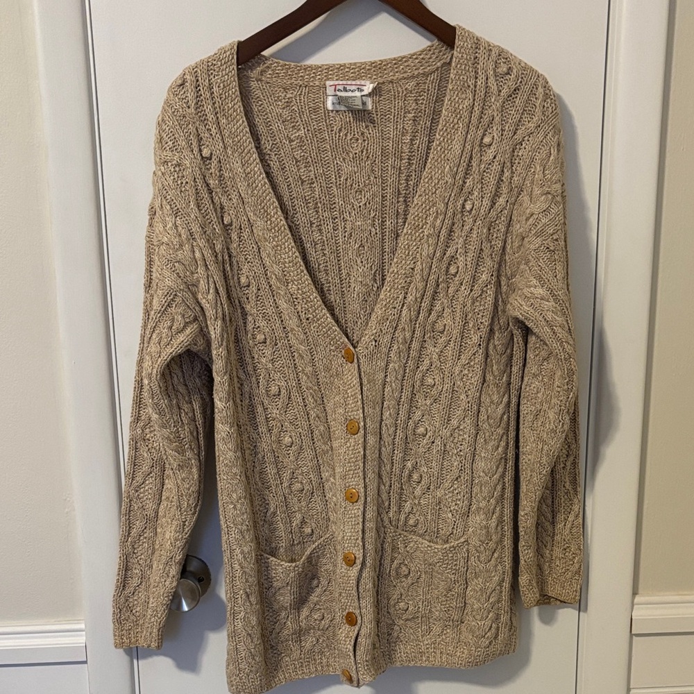Vintage 90s Talbots Hand-Knit Ramie Cotton Cardigan - Cable Knit - Medium
